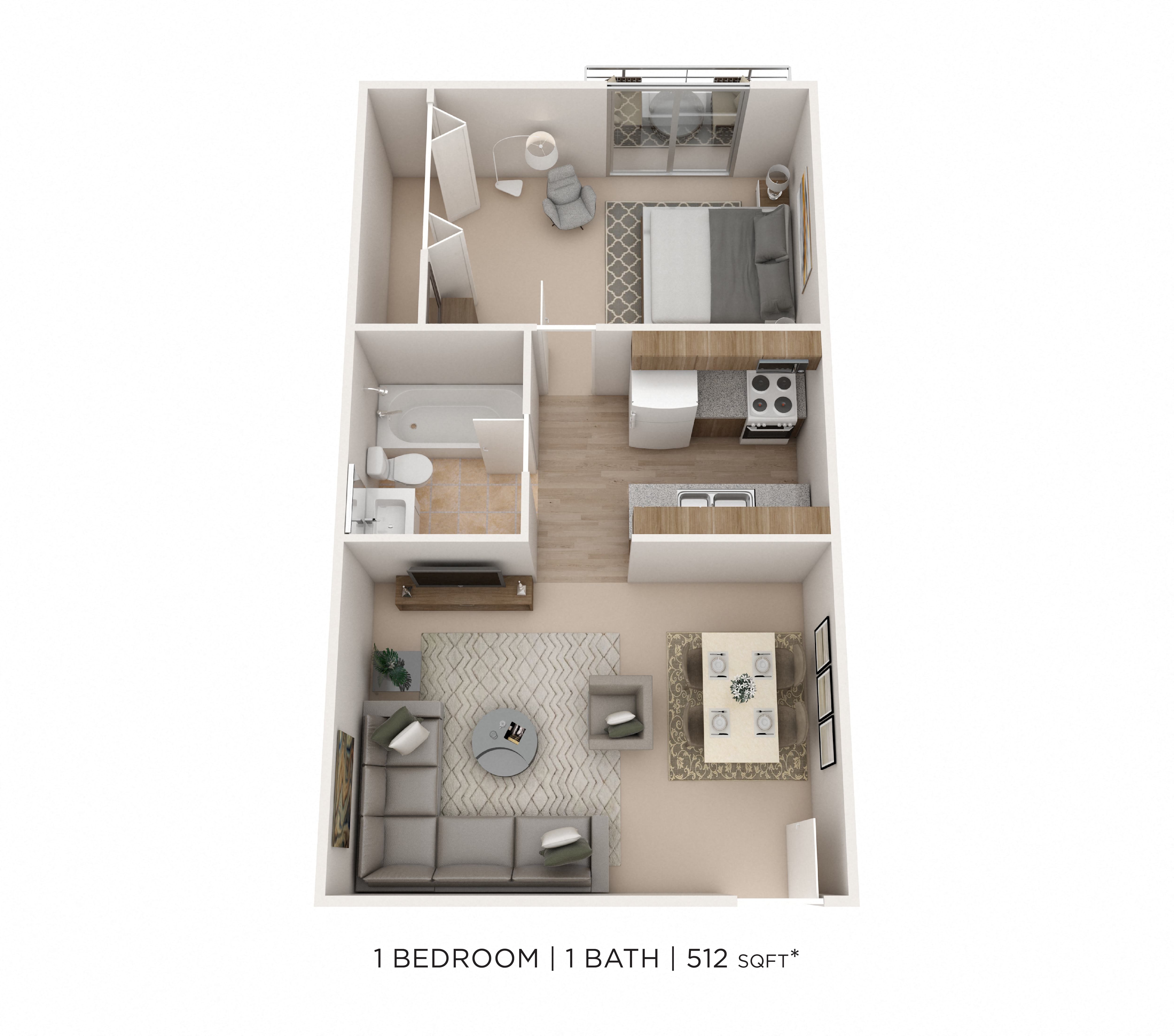 One Bedroom - Waters Edge - 512 sqft floor plan