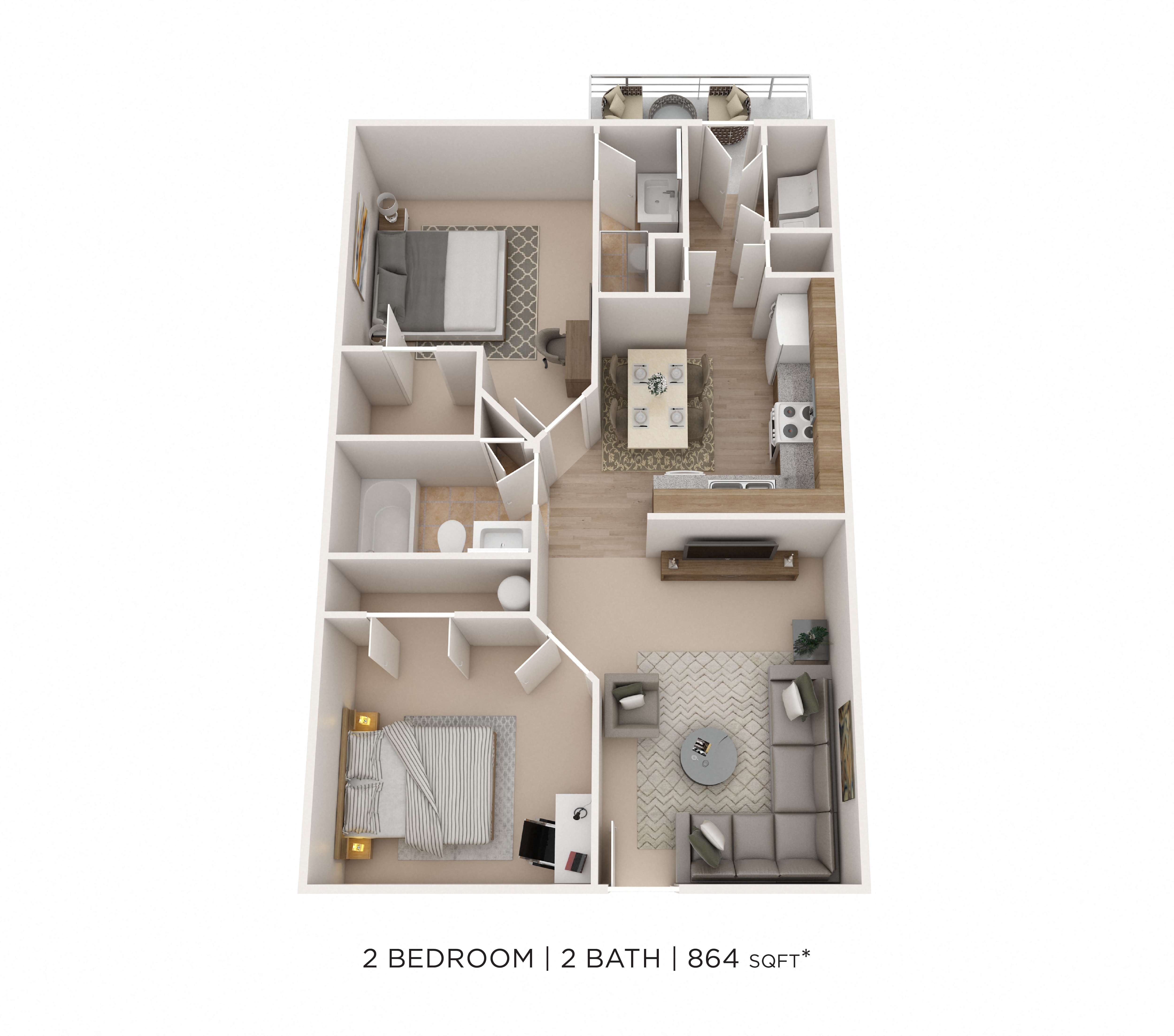 Two Bedroom 2 Bath- Waters Edge - 864 sqft floor plan