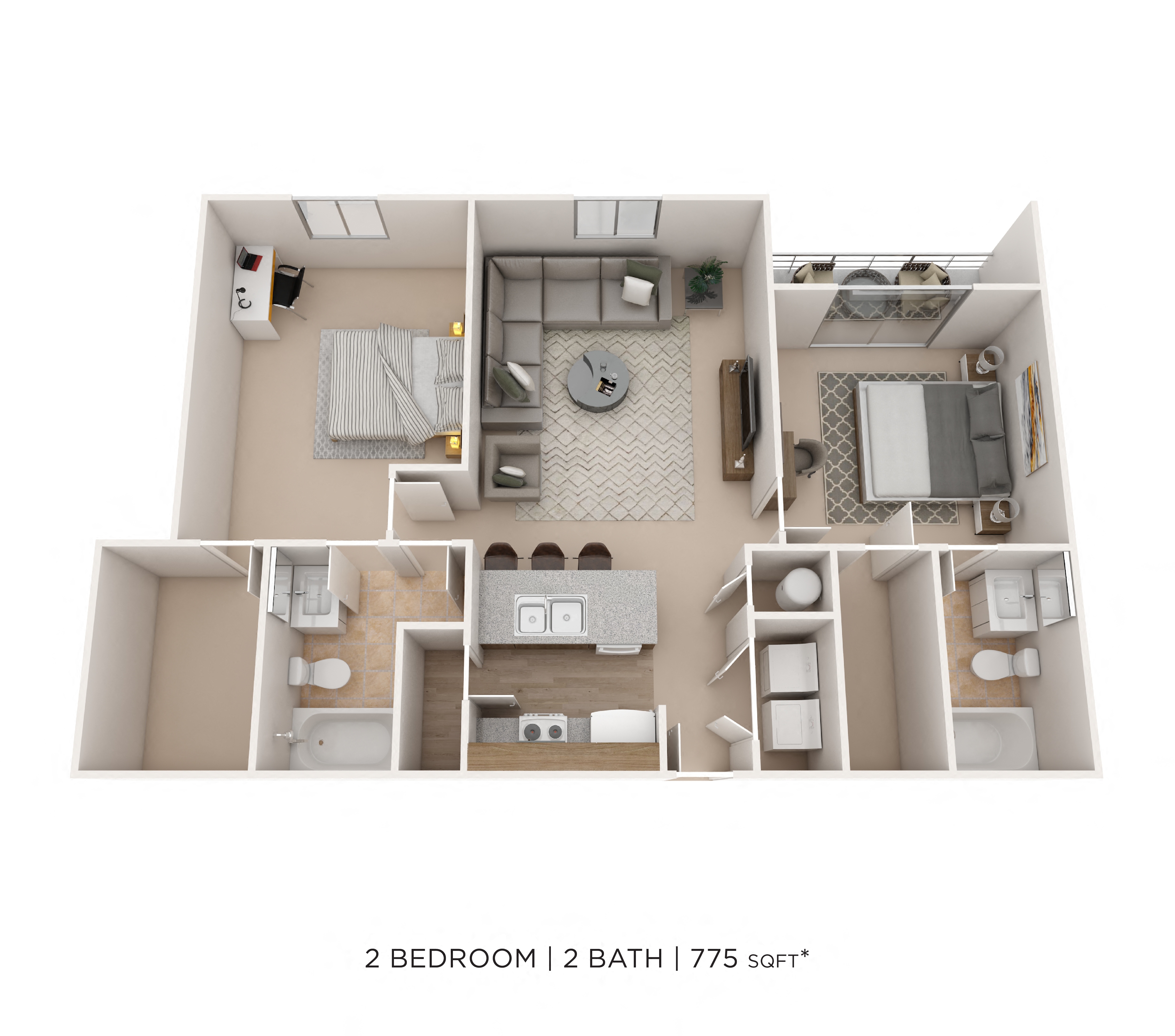 Two Bedroom 2 Bath - Trinity - 775 sqft floor plan