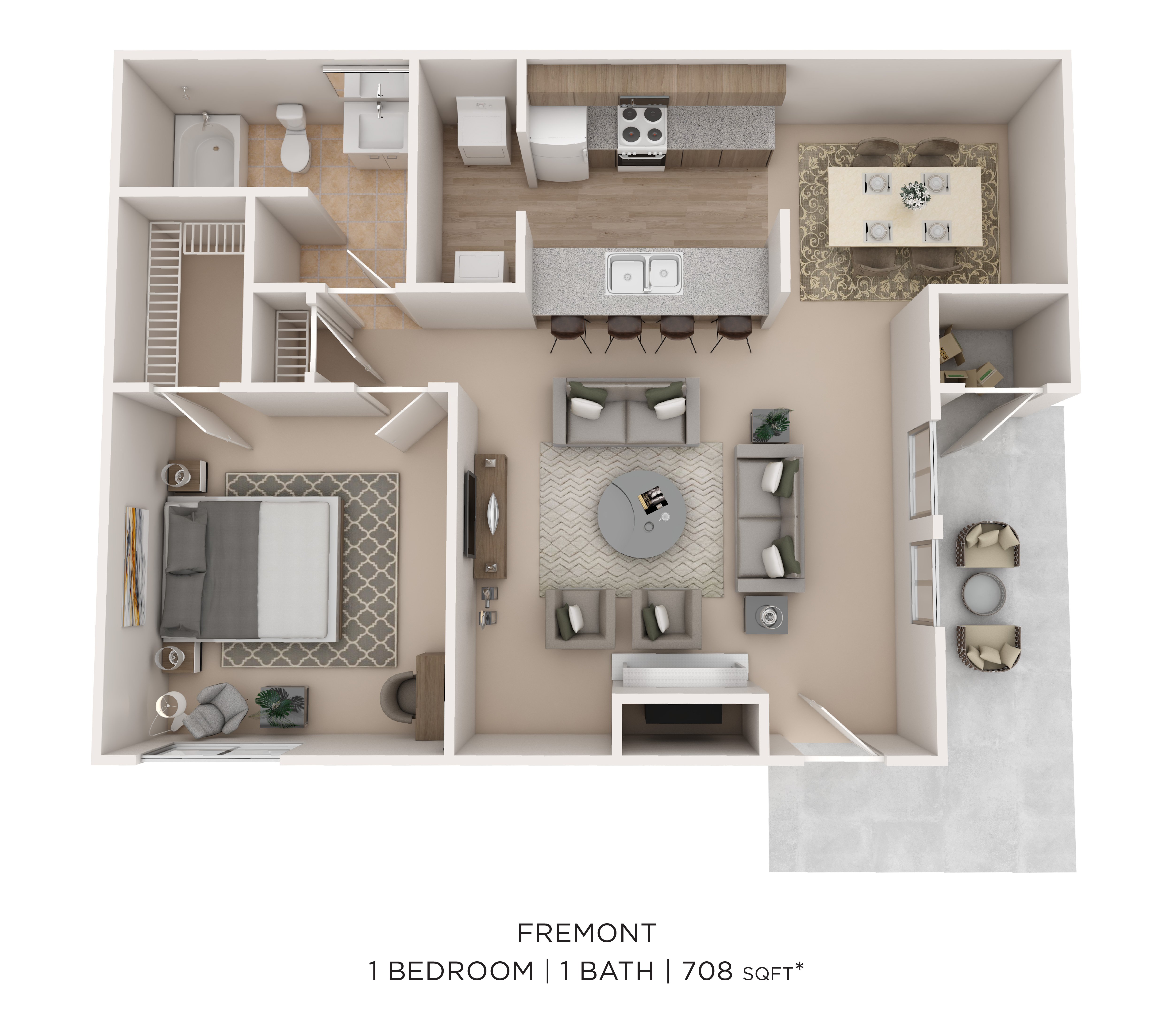 One Bed One Bath Large 708 floor plan