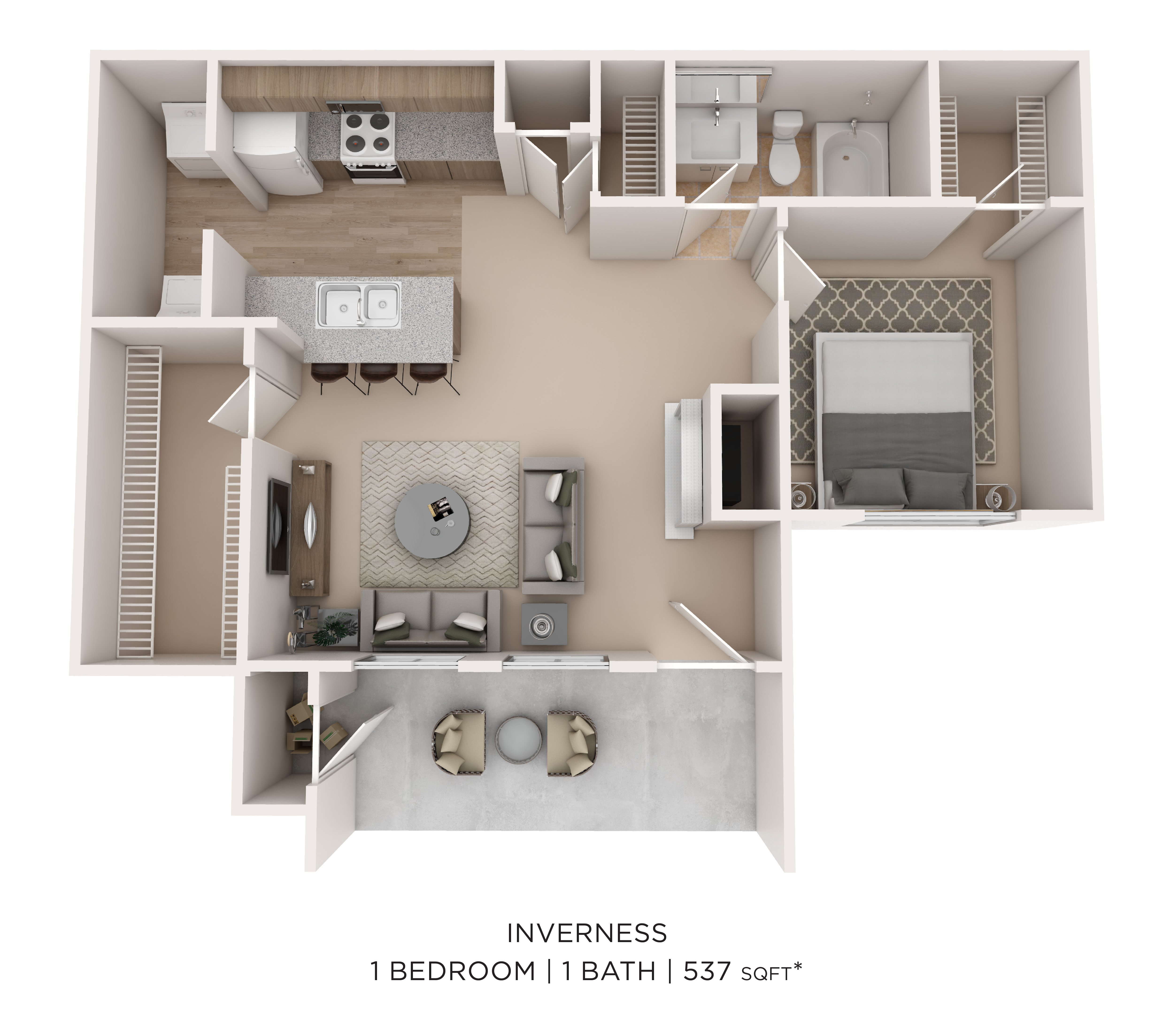 One Bed One Bath Small 537 floor plan