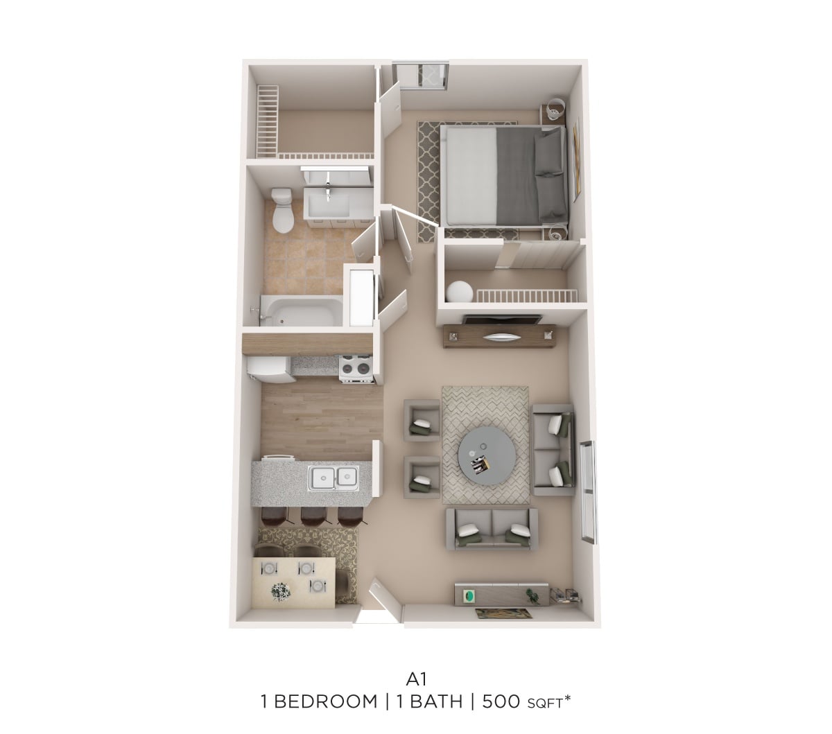 One Bed One Bath 500 Sqft floor plan