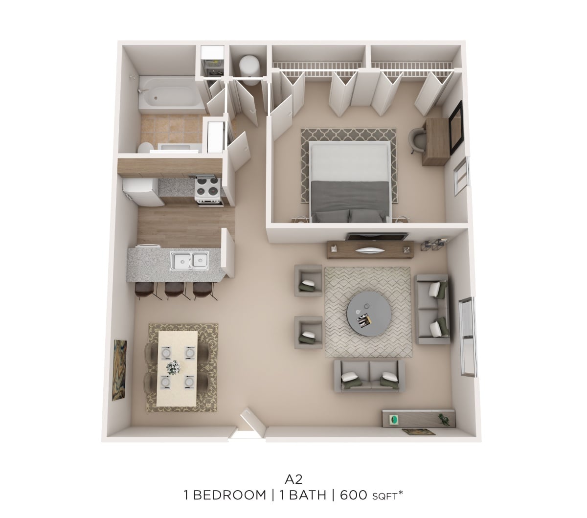 One Bed One Bath 600 Sqft floor plan