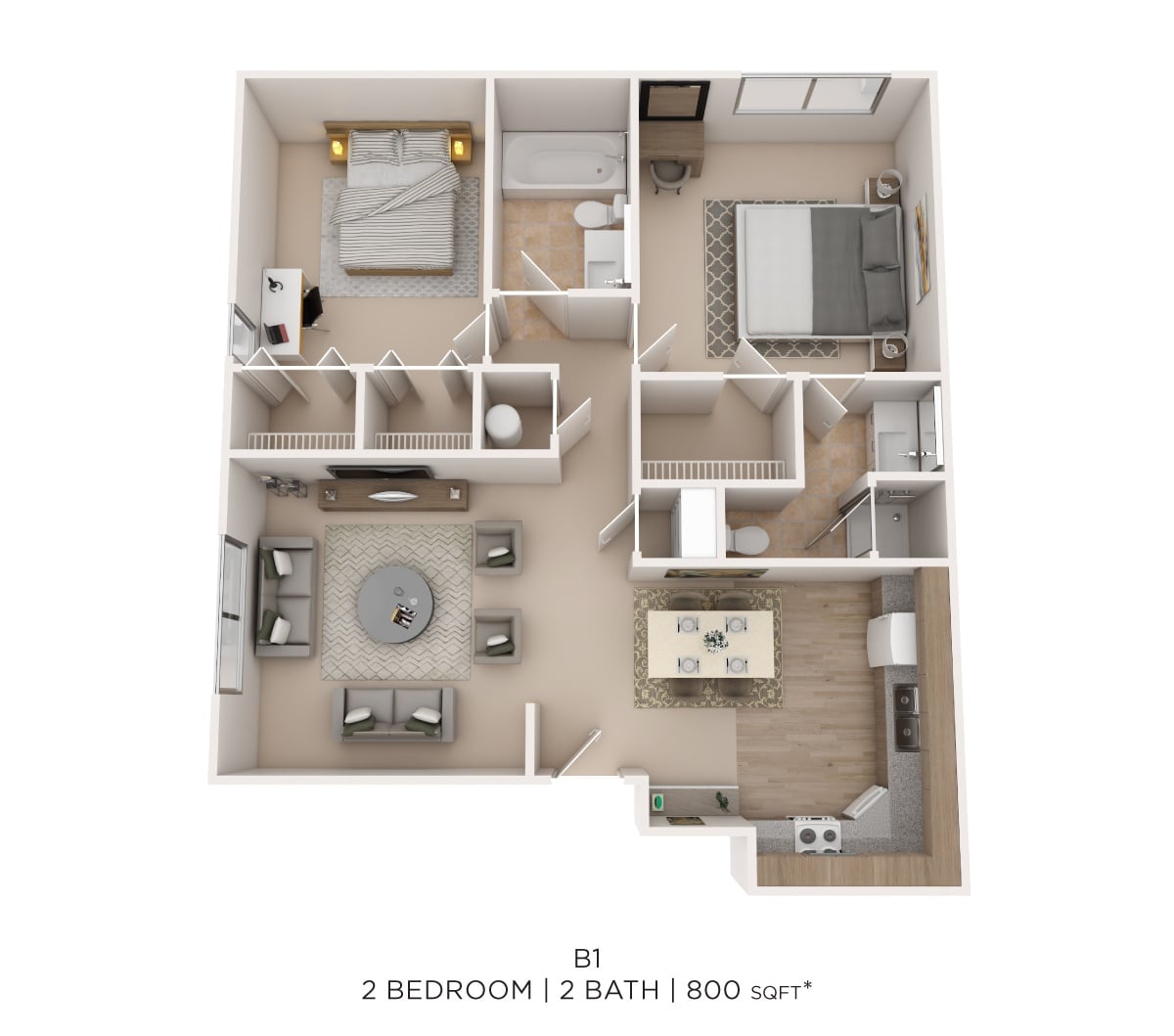 Two Bed Two Bath 800 Sqft floor plan