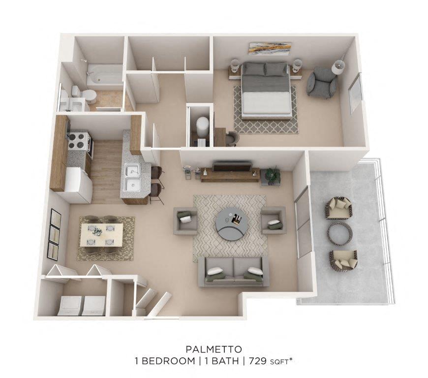 One Bedroom- 729 SqFt floor plan