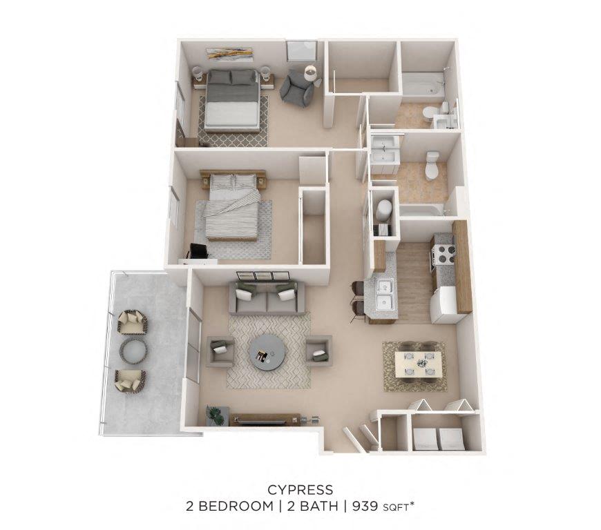 Two Bedroom 2 Bath-939 sqft floor plan
