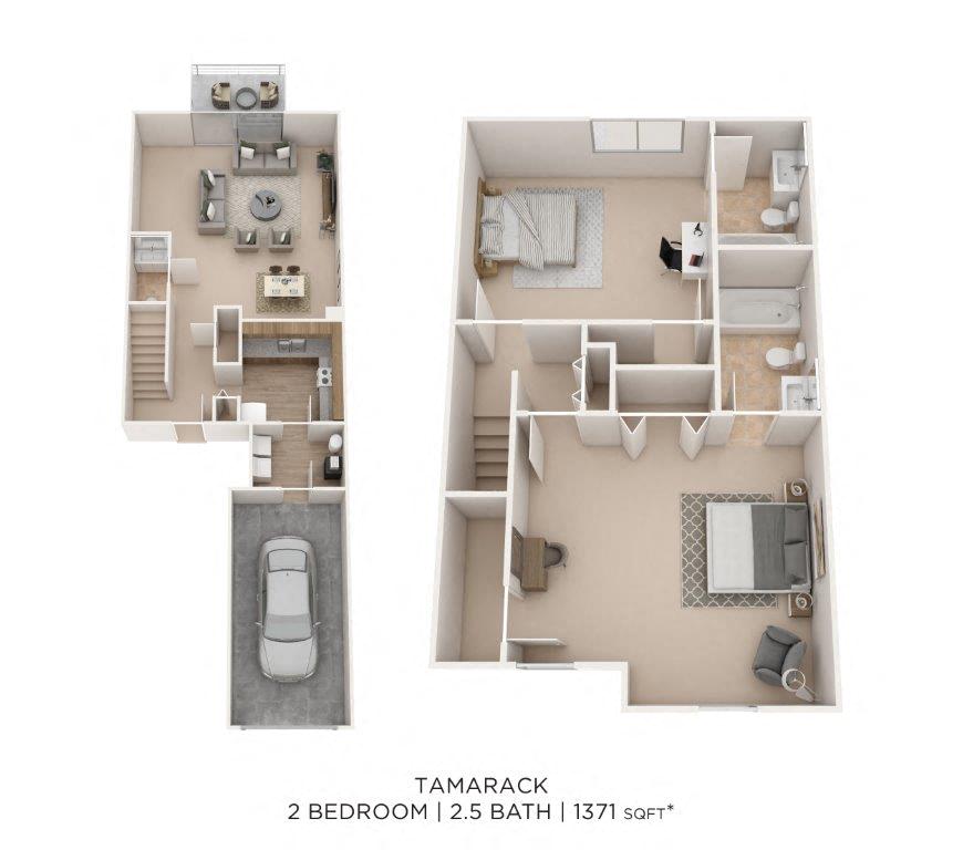 Two Bedroom 2.5 Bath Townhome-1371 sqft floor plan