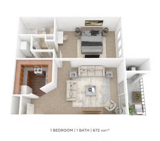 One Bedroom - 672 sqft floor plan