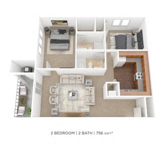 Two Bedroom 2 Bath - 756 sqft floor plan