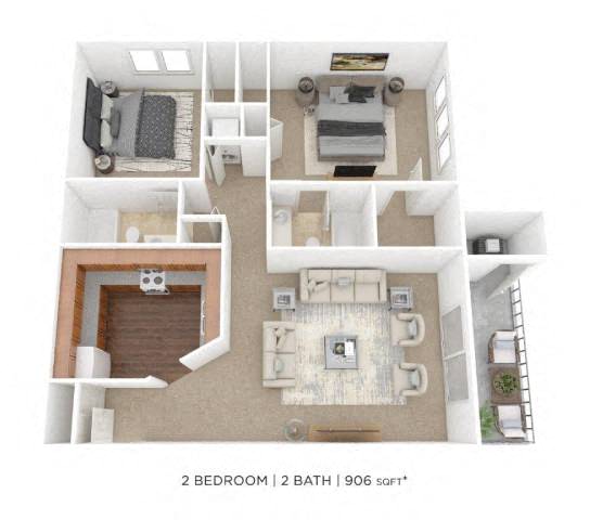 Two Bedroom 2 Bath - 906 sqft floor plan
