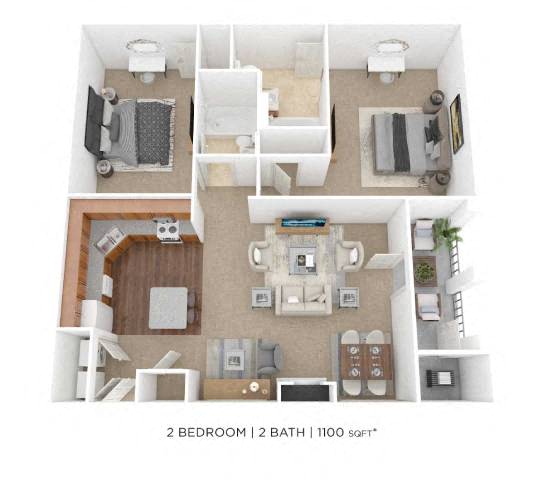 Two Bedroom 2 Bath - 1,100 sqft floor plan
