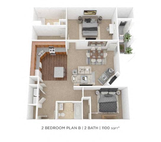 Two Bedroom 2 Bath - 1,100 sqft floor plan