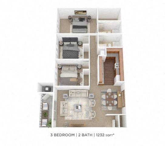 Three Bedroom 2 Bath - 1,232 sqft floor plan