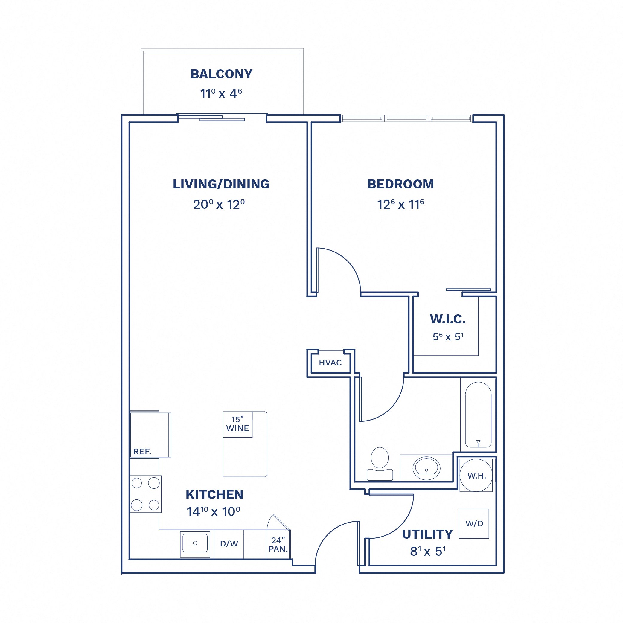 Floorplan of Unit 1 Bed/1 Bath-A2