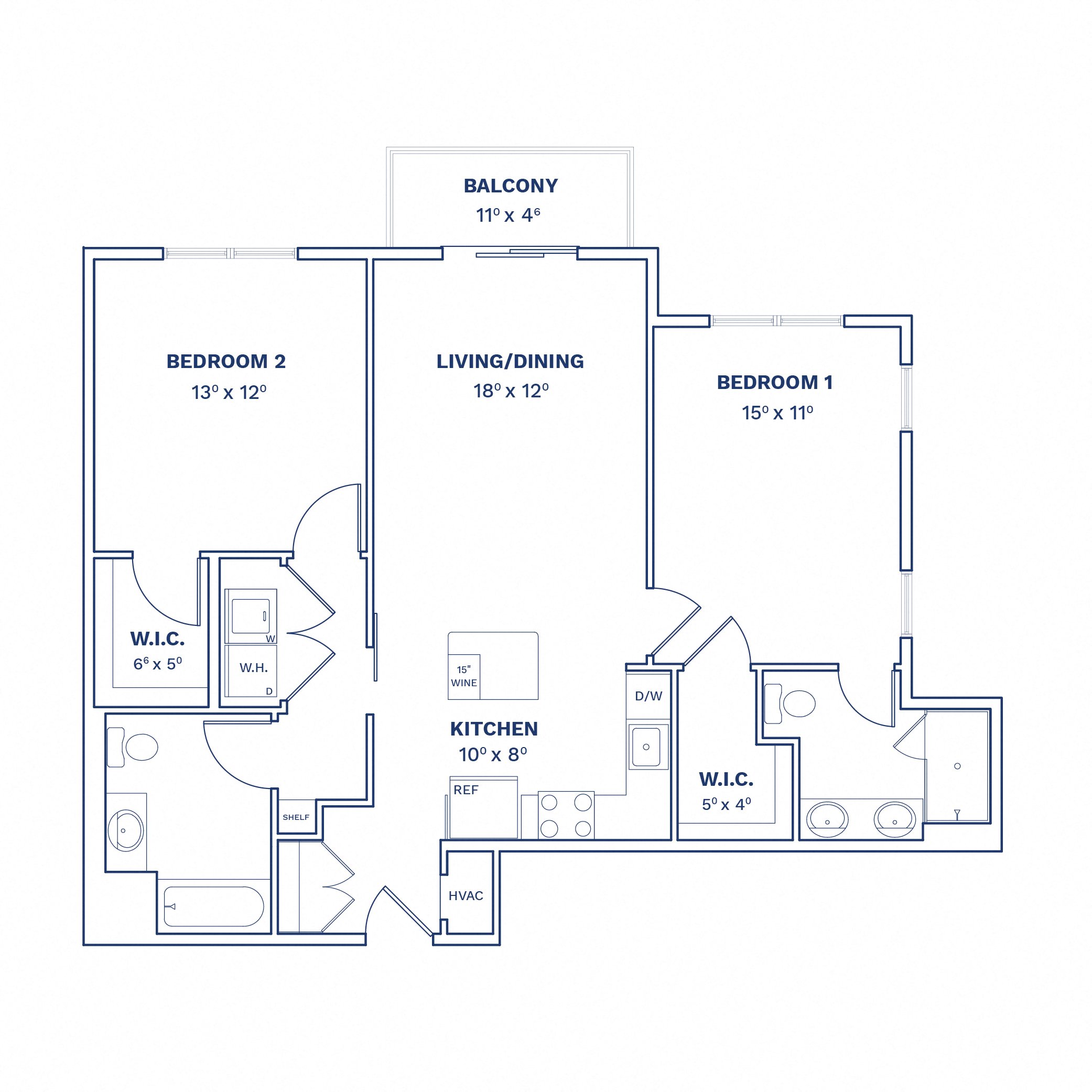 Floorplan of Unit 2 Bed/2 Bath-B1.1