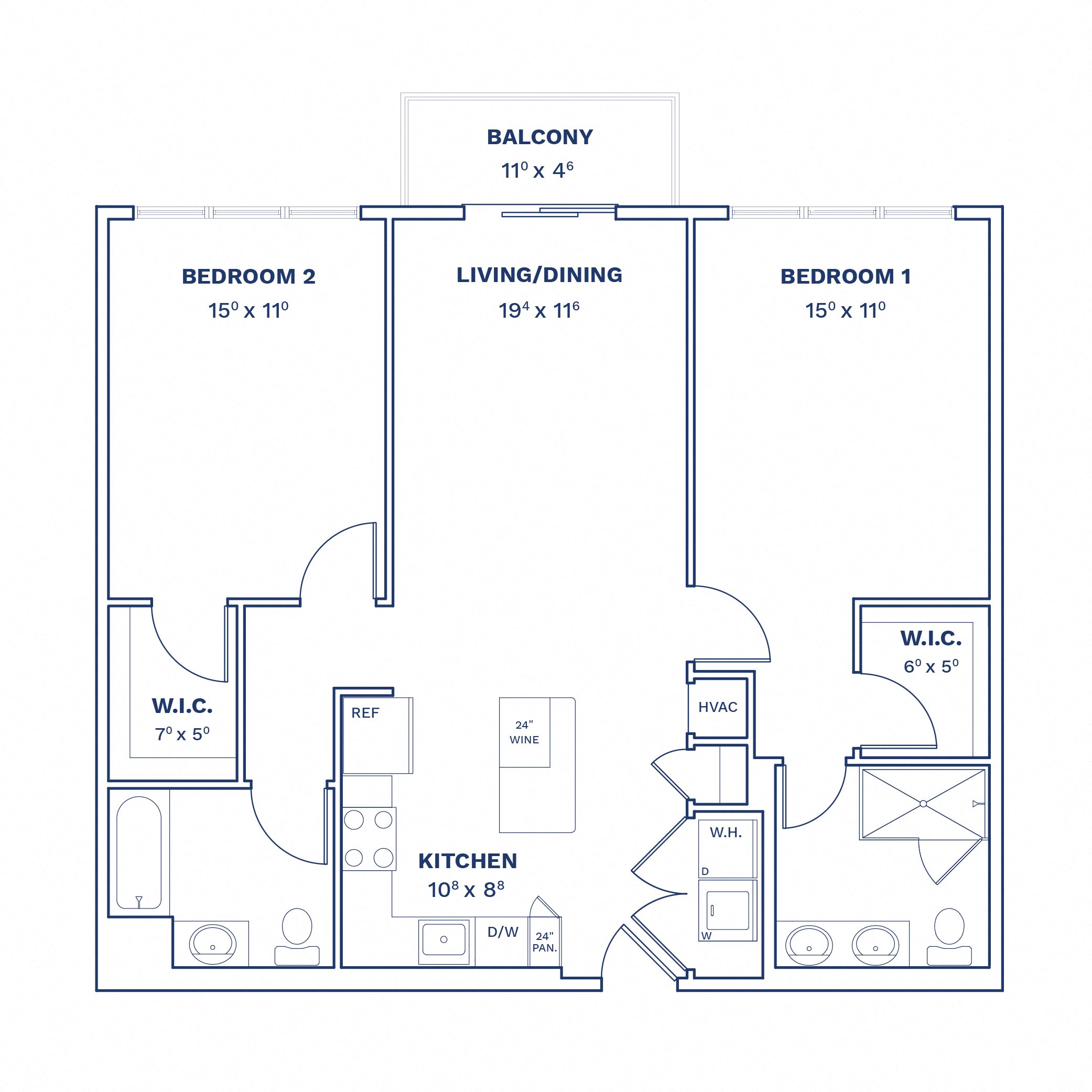 Floorplan of Unit 2 Bed/2 Bath-B2.1
