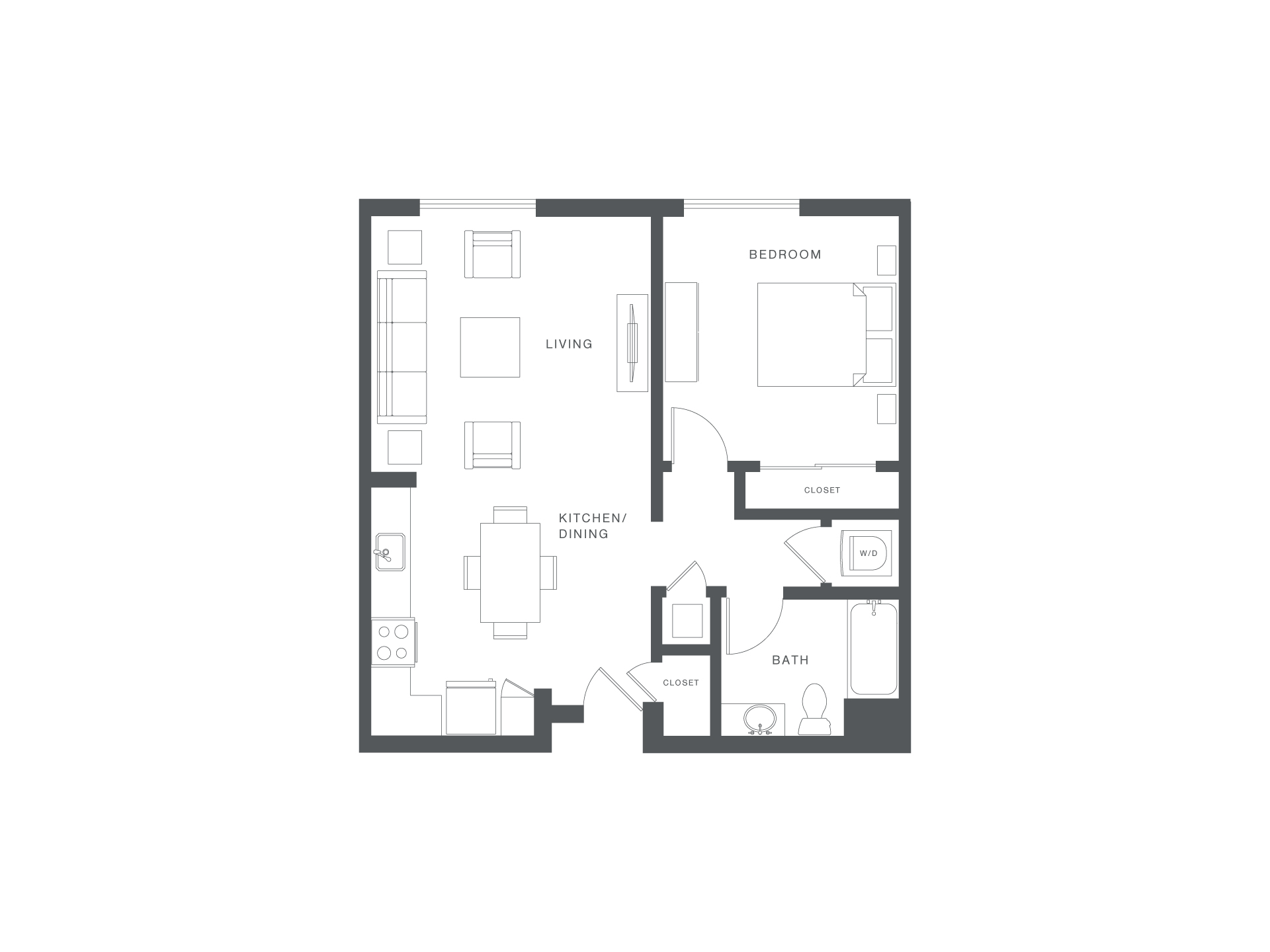 A floor plan of a house with a bedroom, living room, kitchen/dining area, and bathroom.