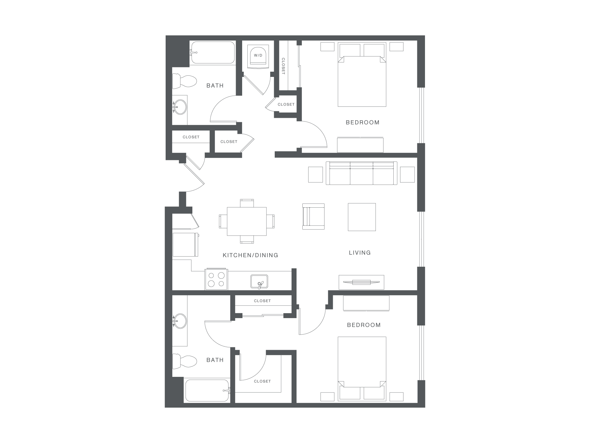 A floor plan of a house with two bedrooms, a living room, a kitchen/dining area, and two bathrooms.