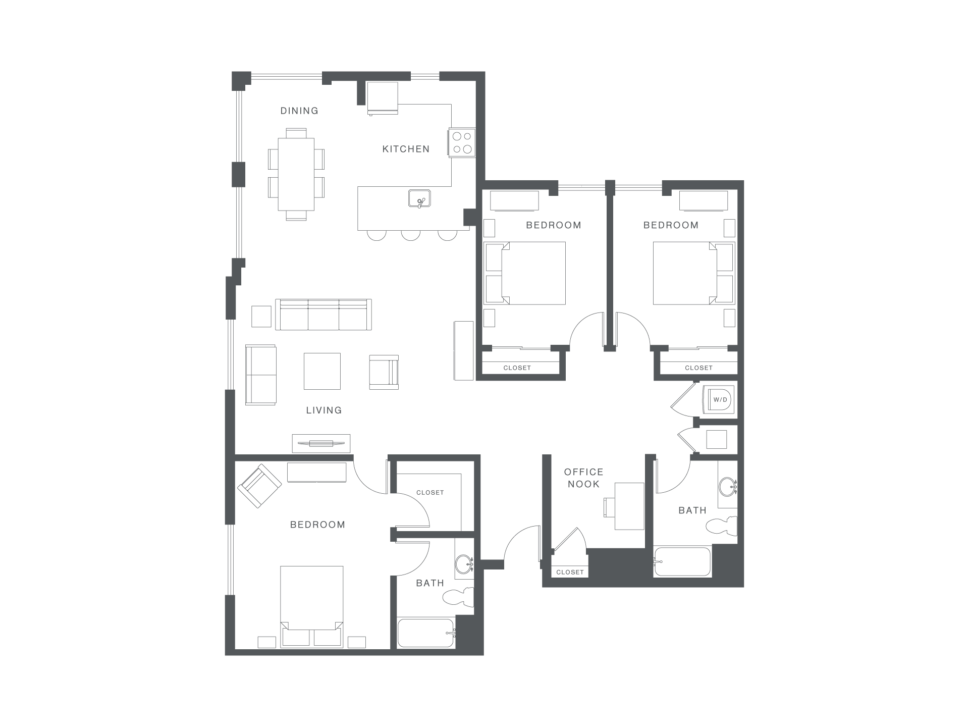 A black and white floor plan of a house with labeled rooms.