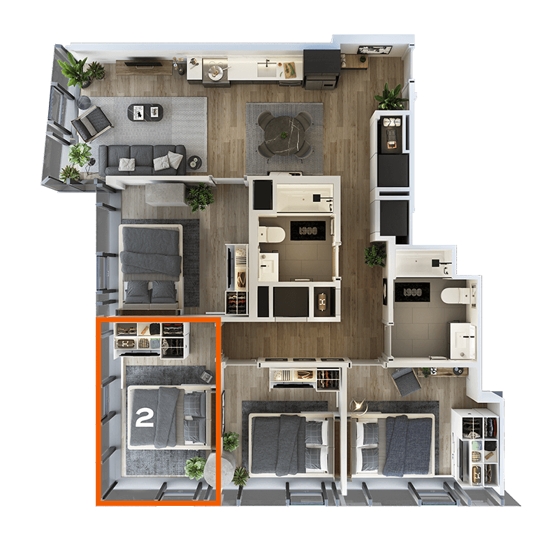 Rendering of the Co-Living LT-01 Bedroom 2 Floor Plan
