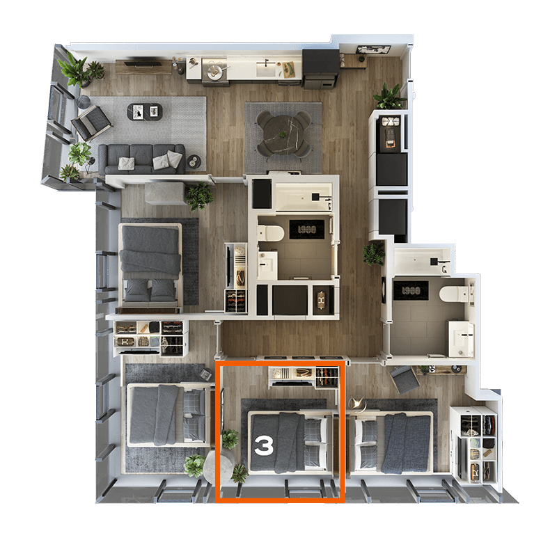 Rendering of the Co-Living LT-01 Bedroom 3 Floor Plan