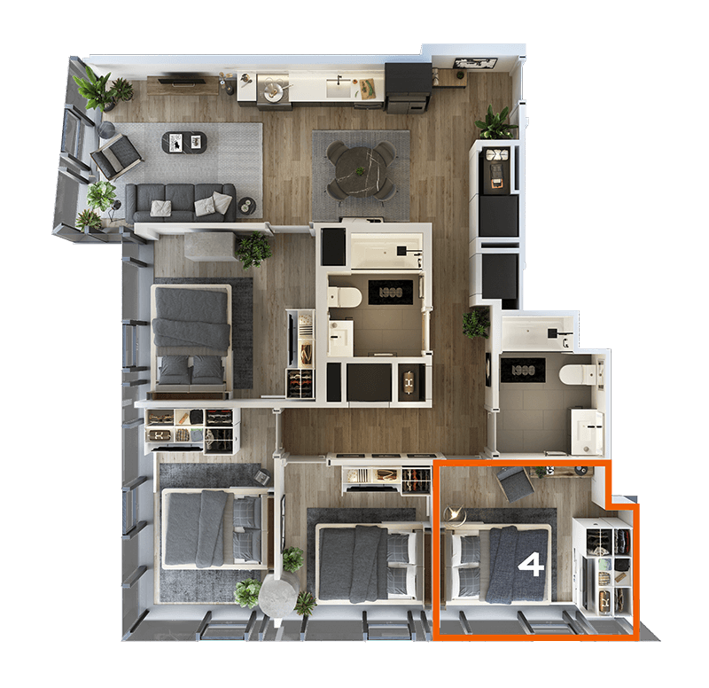 Rendering of the Co-Living LT-01 Bedroom 4 Floor Plan