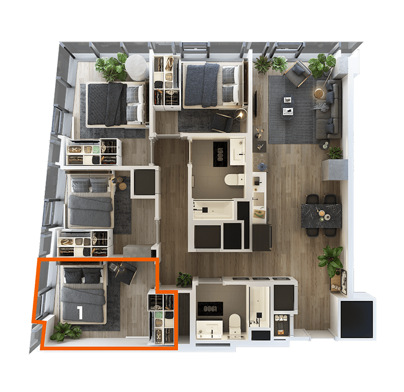 Rendering of the Co-Living LT-02 Bedroom 1 Floor Plan