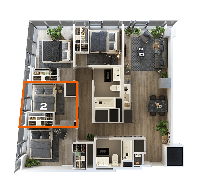 Rendering of the Co-Living LT-02 Bedroom 2 Floor Plan