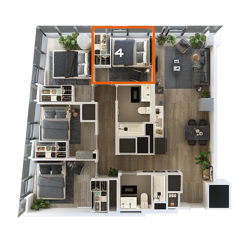 Rendering of the Co-Living LT-02 Bedroom 4 Floor Plan