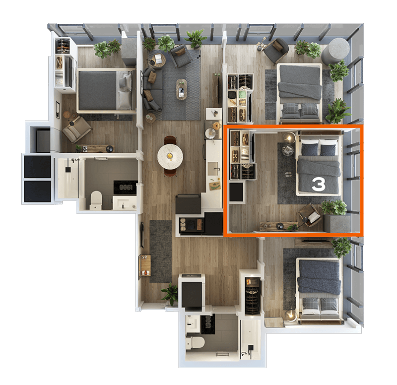 Rendering of the Co-Living LT-08 Bedroom 3 Floor Plan