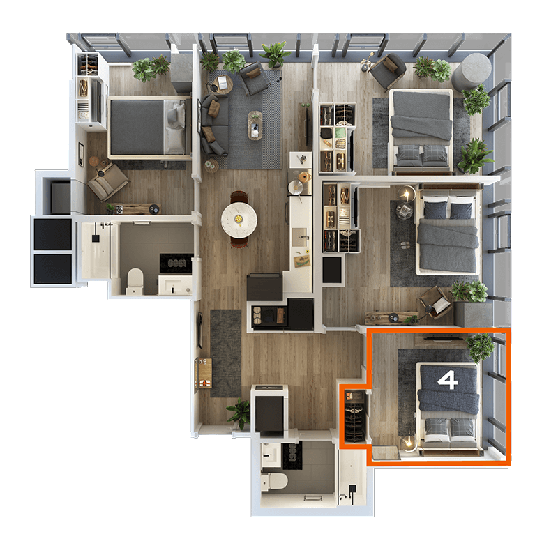 Rendering of the Co-Living LT-08 Bedroom 4 Floor Plan