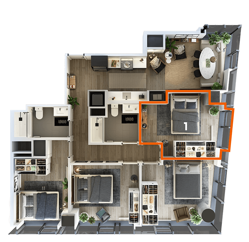 Rendering of the Co-Living LT-09 Bedroom 1 Floor Plan