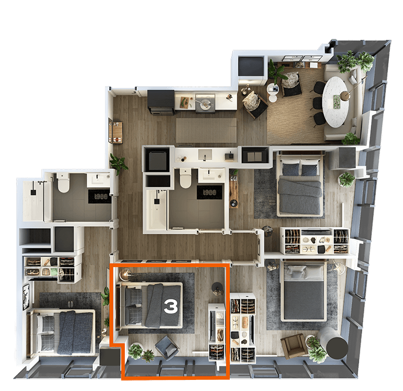 Rendering of the Co-Living LT-09 Bedroom 3 Floor Plan