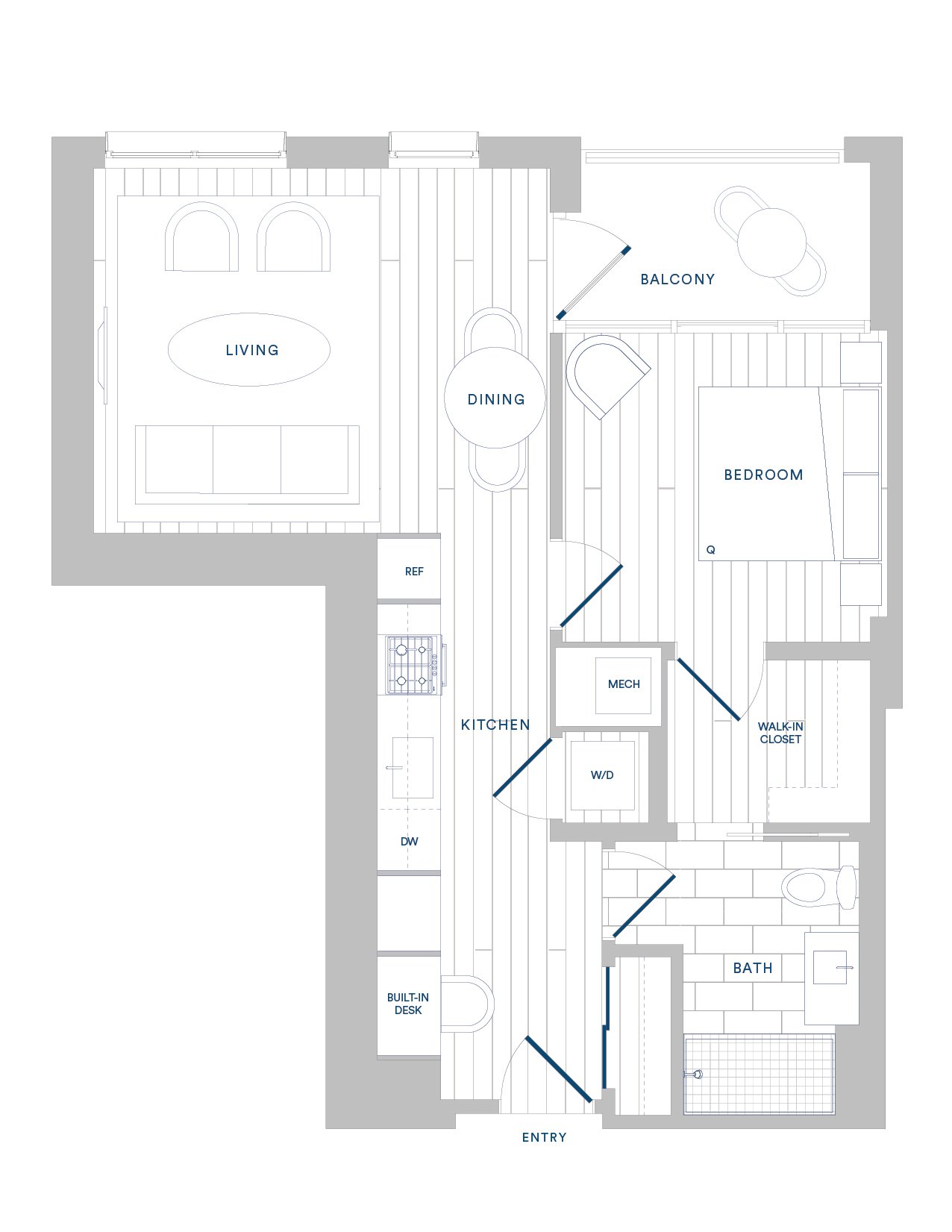 Floorplan for Apartment #606, 1 bedroom unit at Margarite