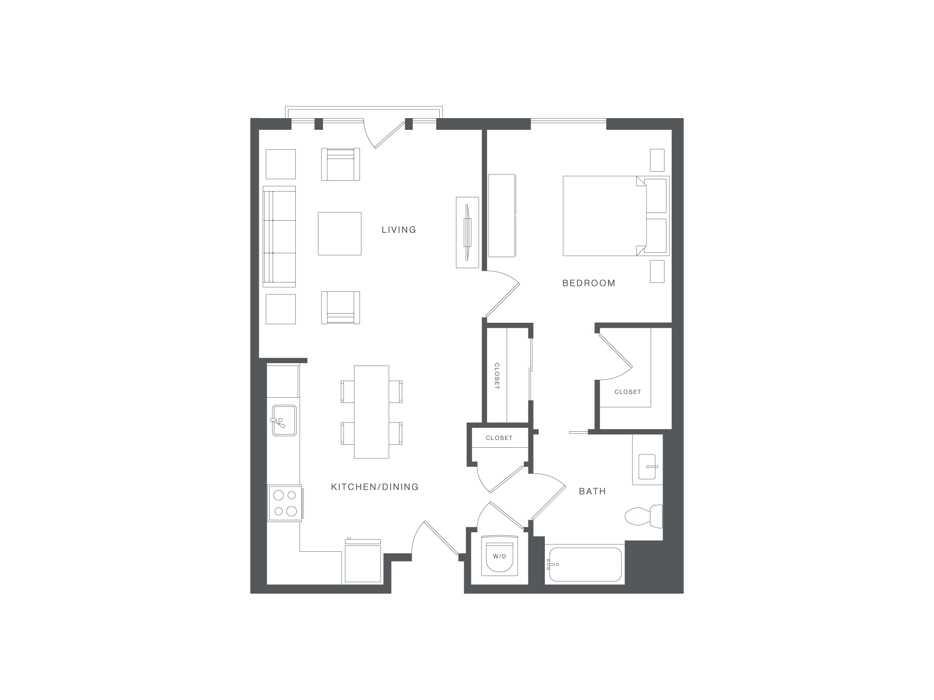 A floor plan of a house with a living room, kitchen/dining area, bedrooms, and a bathroom.