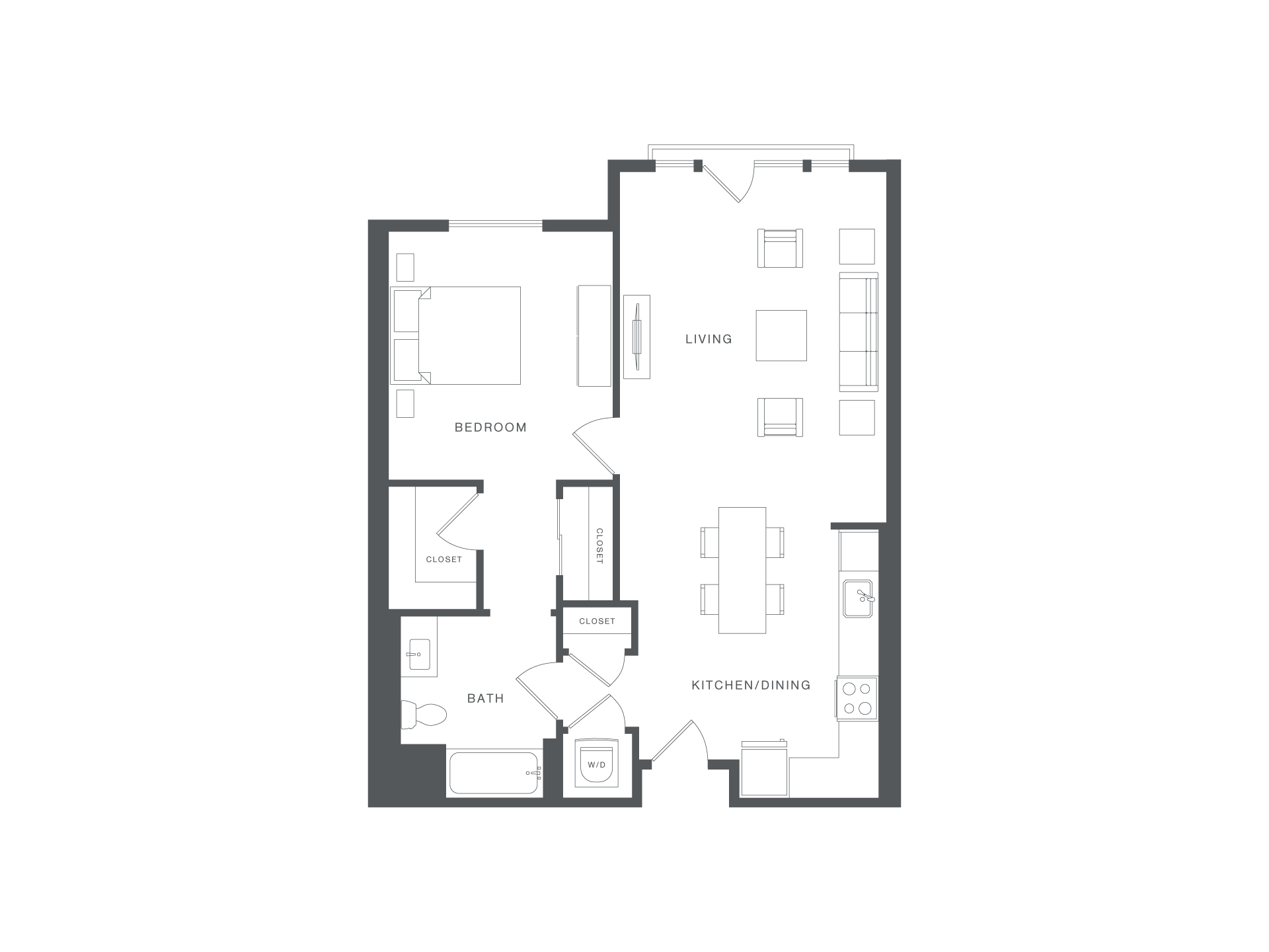 A floor plan of a house with a living room, kitchen/dining area, bedroom, and bathroom.