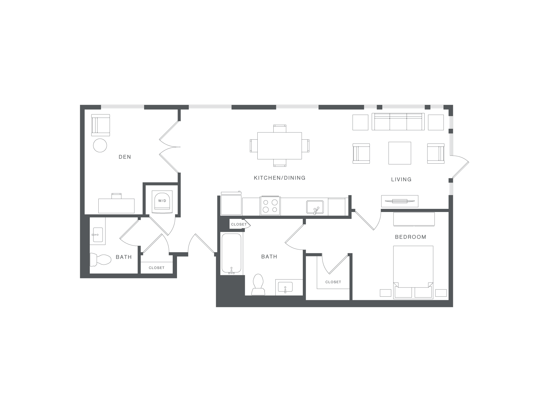A floor plan of a house with a den, kitchen/dining area, living room, bedroom, bathroom, and guest bathroom.