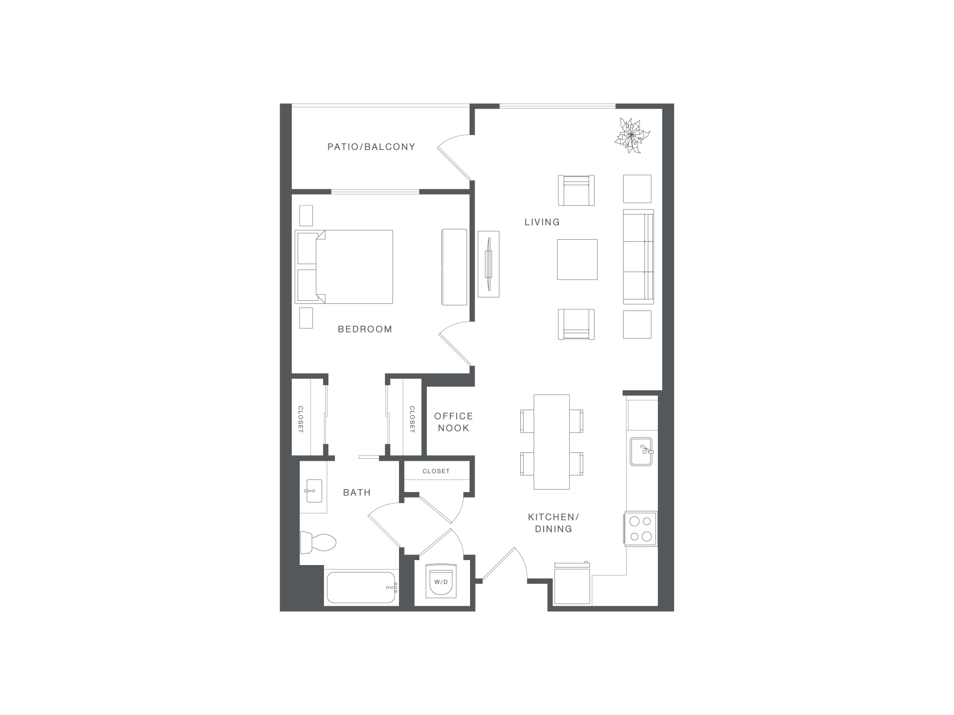 A floor plan of an apartment with a living room, bedroom, bathroom, kitchen/dining area, and office nook.