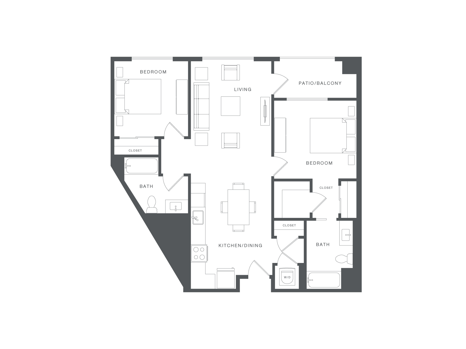 A floor plan of an apartment with two bedrooms, a living room, a bathroom, a kitchen/dining area, and two closets.
