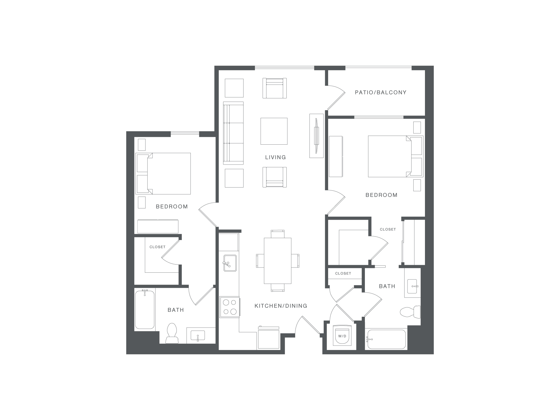 A floor plan of a house with two bedrooms, a living room, a bathroom, a kitchen/dining area, and a patio/balcony.