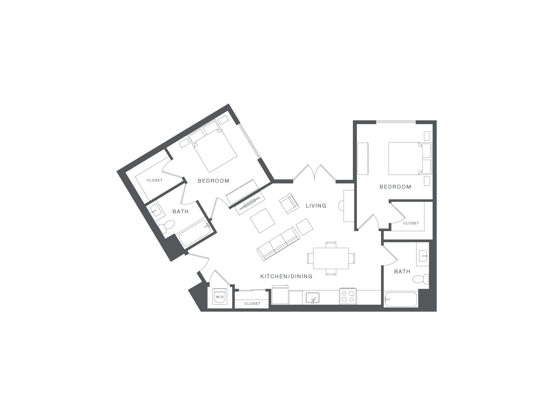 A floor plan of a house with two bedrooms, a living room, a kitchen, a bathroom, and a guest room.