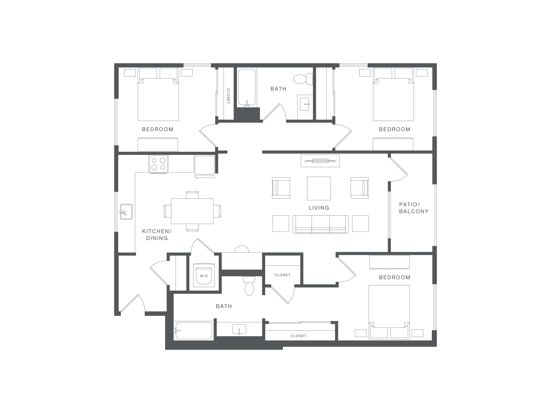 A black and white floor plan of an apartment with two bedrooms, a living room, a kitchen, a bathroom, a balcony, and a dining area.