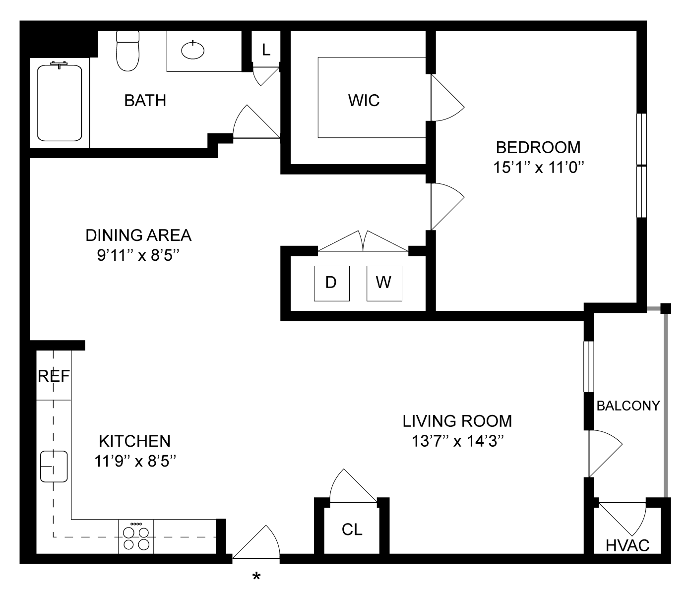Floorplan for Apartment #02-A11, 1 bedroom unit at Halstead Hopkinton