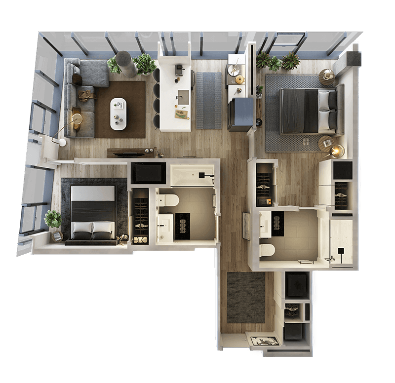 Rendering of the 2 Bed-2 Bath Floor Plan