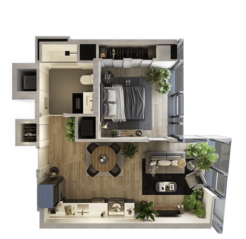 Rendering of the 1 Bed-1 Bath-T-10 Floor Plan