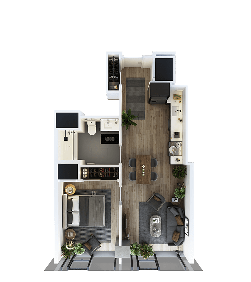 Rendering of the 1 Bed-1 Bath-T-13 Floor Plan