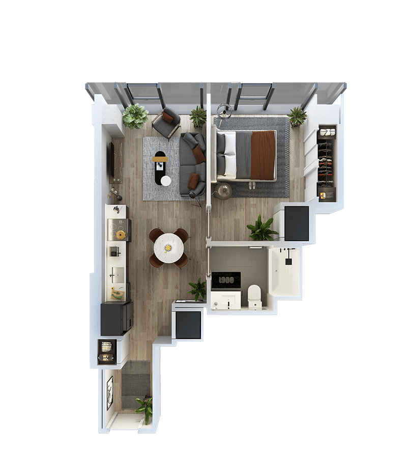 Rendering of the 1 Bed-1 Bath-T-8a Floor Plan