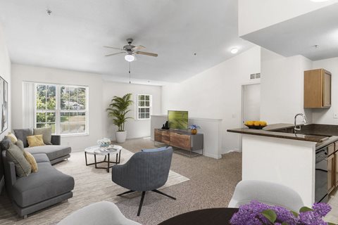 Upstairs - Living Room, Dining Room, and Kitchen