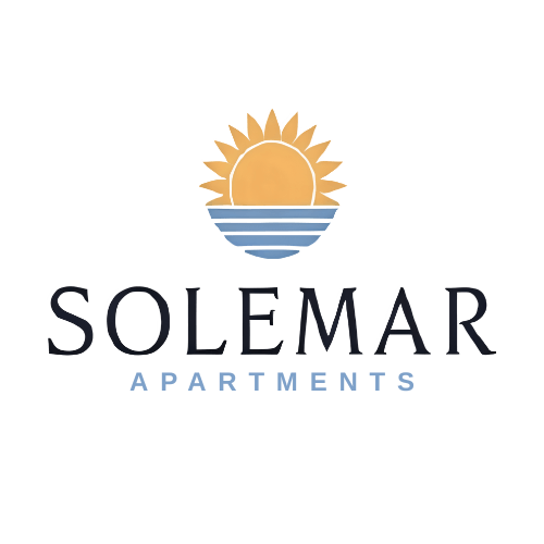 The image is a logo for Solemar Apartments, featuring a sun rising over a body of water.