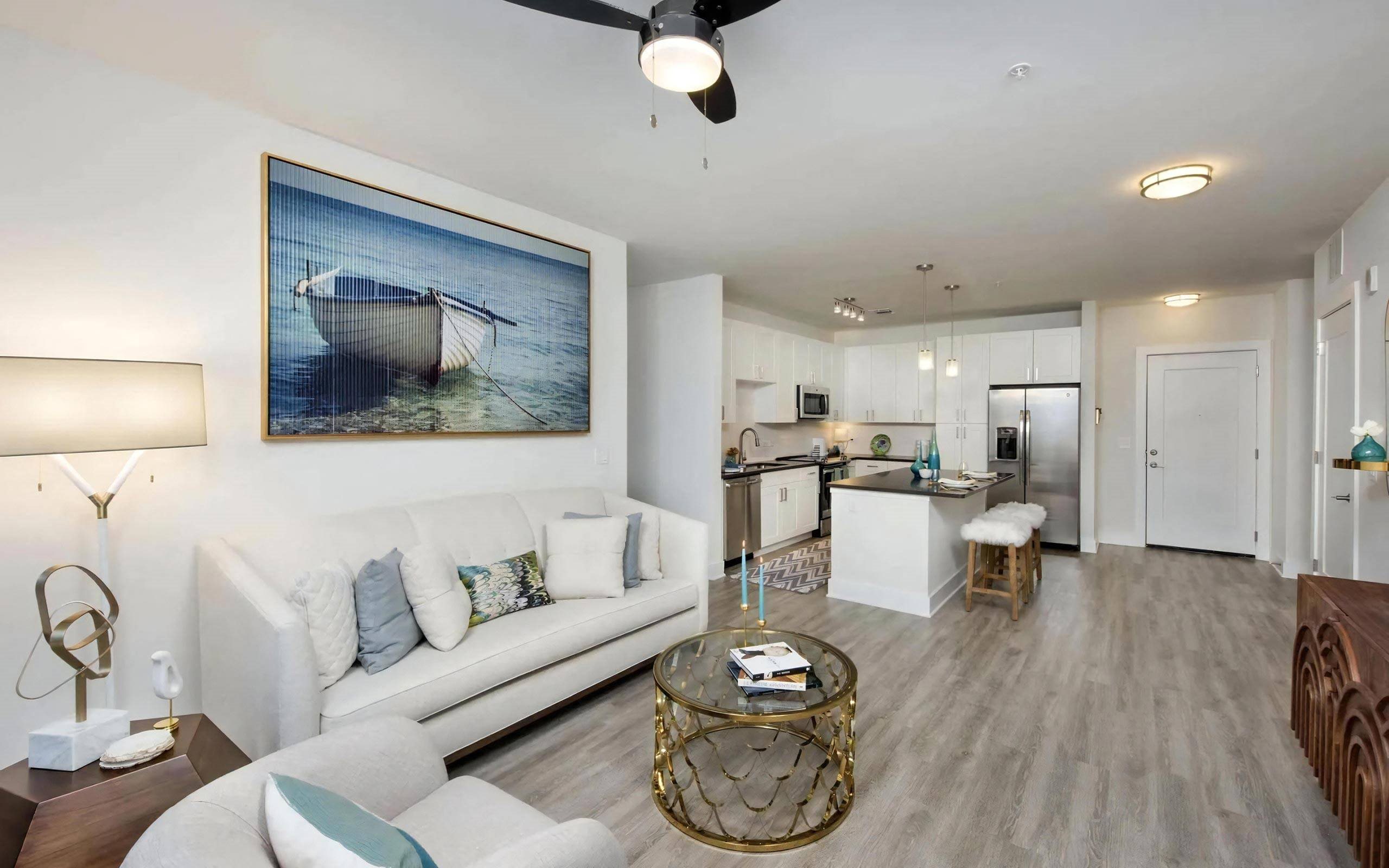 Modern Living Space with Island Kitchen and Contemporary Furnishings